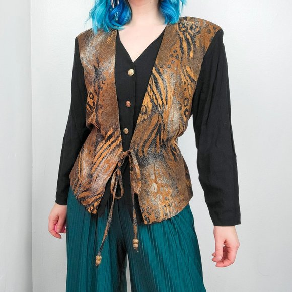 Vintage 90s Black & Animal Print Layered Blouse - Picture 1 of 8